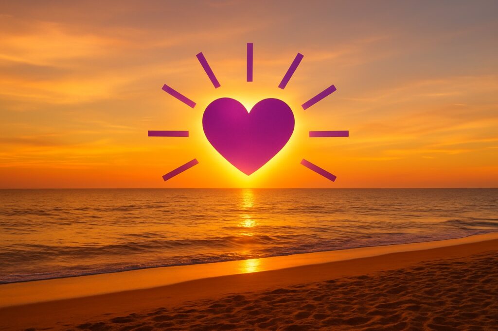 Een zonsopgang waar de zon is vervangen door een paars hart